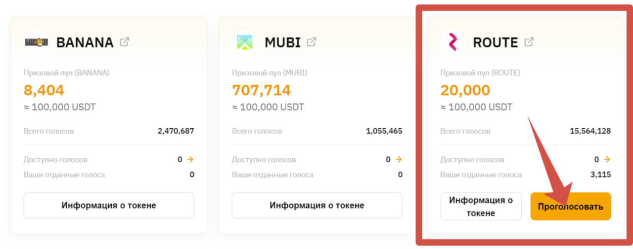 пример ByVotes с претендентами на листинг BANANA MUBI ROUTE