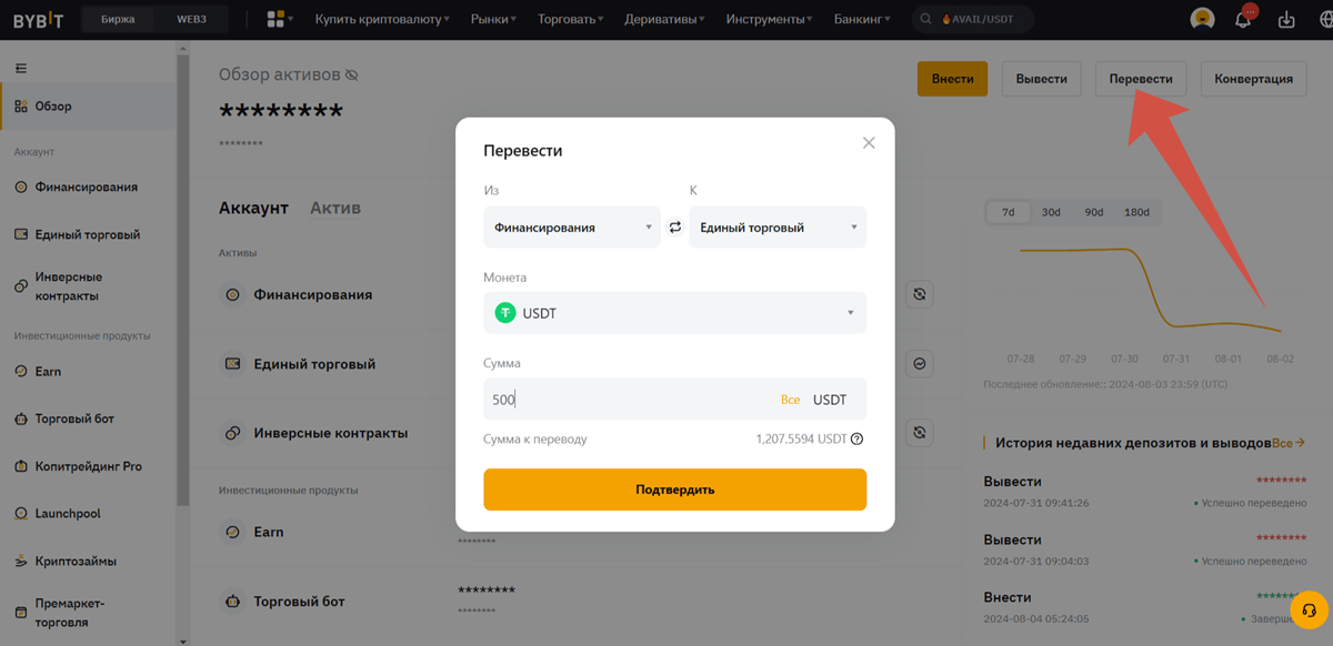 перевод USDT с общего счета на торговый